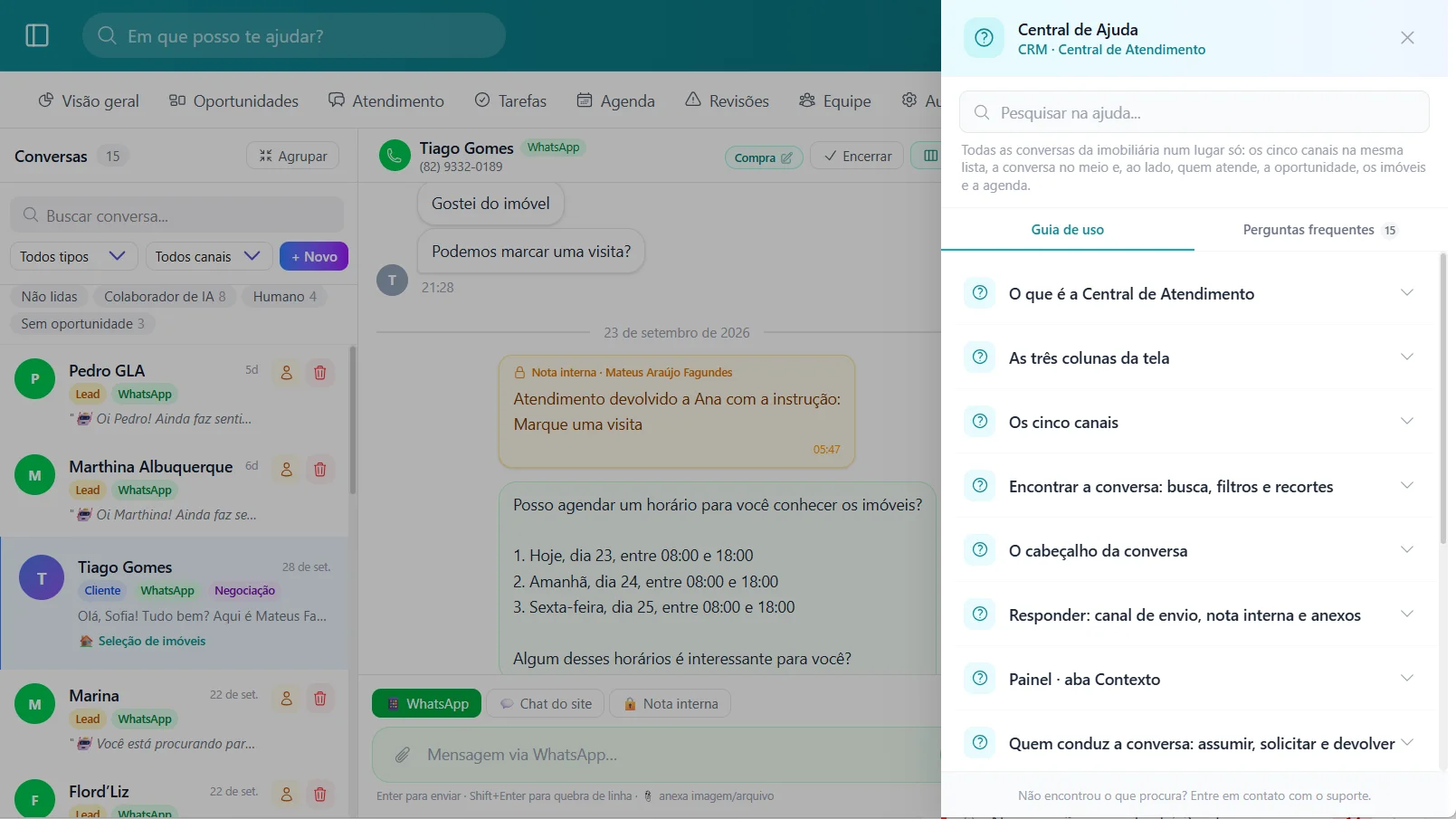 Central de Atendimento do ZaiHaus com o painel lateral da Central de Ajuda aberto, mostrando o guia de uso e as perguntas frequentes