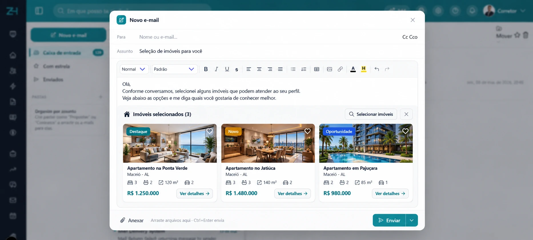 Novo e-mail no ZaiHaus com a seleção de três imóveis em cartões com foto, características, preço e botão Ver detalhes