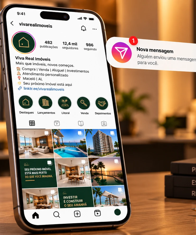 Celular com o perfil de uma imobiliária no Instagram, feed de imóveis e uma notificação de nova mensagem no Direct
