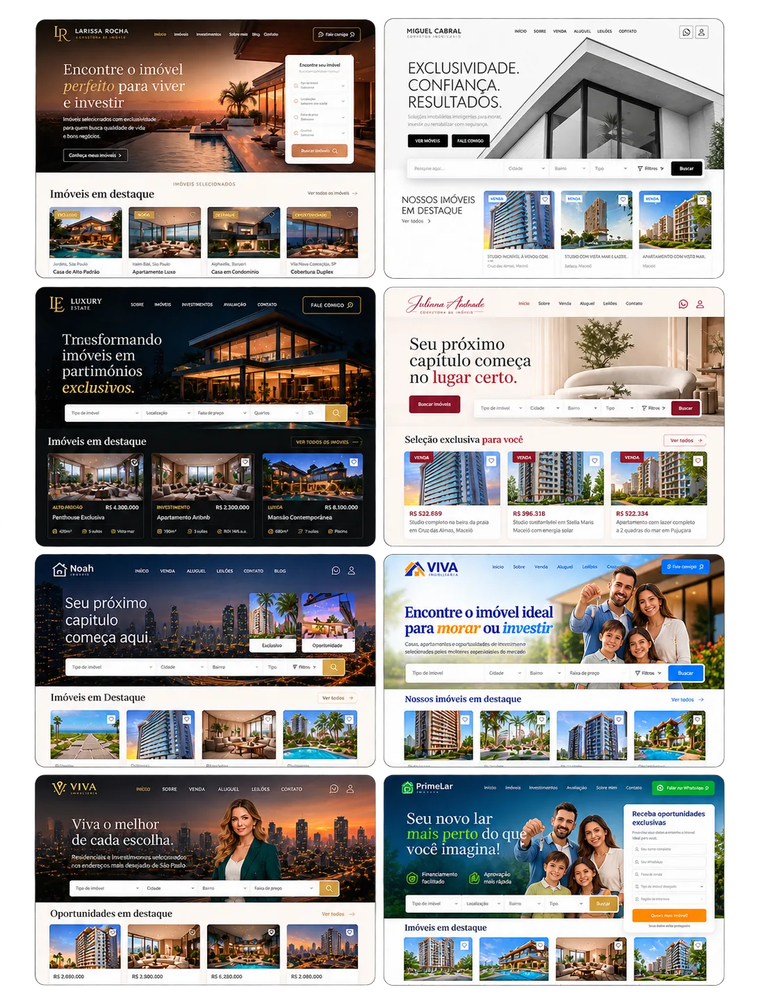Oito modelos de sites imobiliários lado a lado, em estilos claro, escuro, luxo e colorido