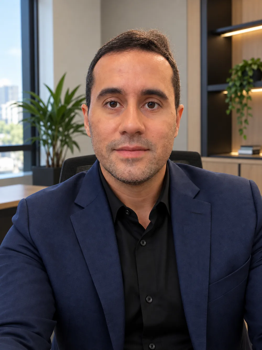 Retrato de Tiago Gomes, de blazer azul-marinho e camisa preta