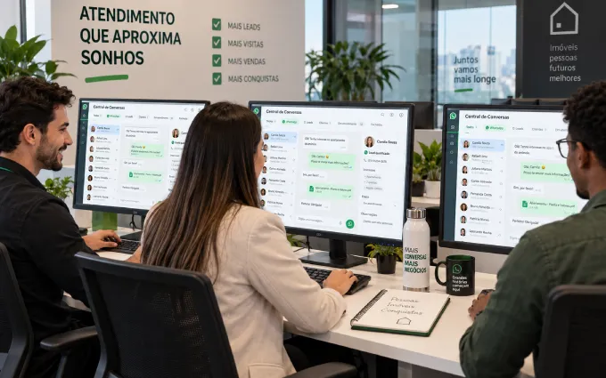 Três corretores em um escritório claro, cada um em seu monitor com a Central de Conversas do ZaiHaus aberta no WhatsApp