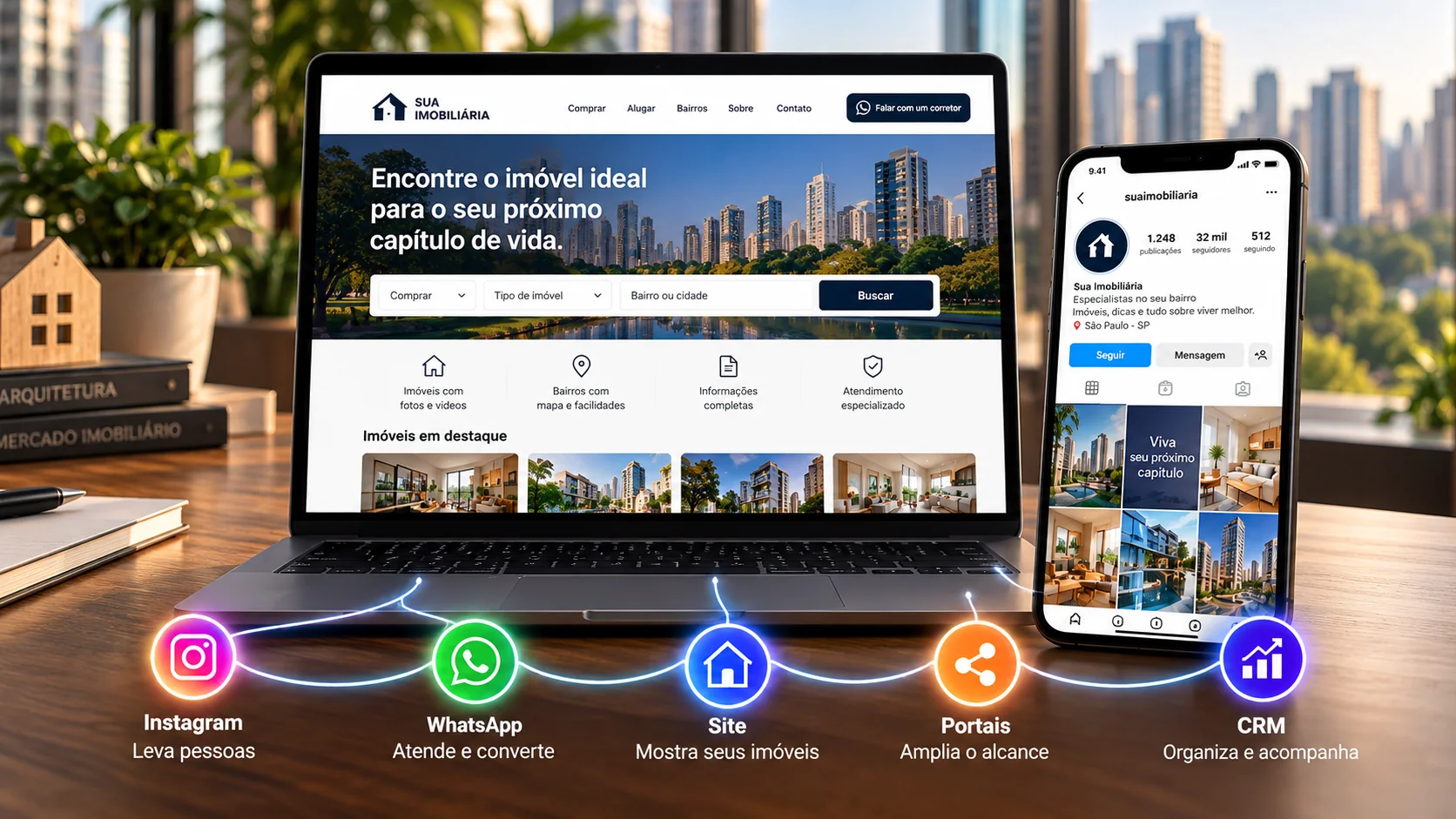 Site da imobiliária no notebook e perfil no Instagram no celular, ligados aos canais Instagram, WhatsApp, Site, Portais e CRM